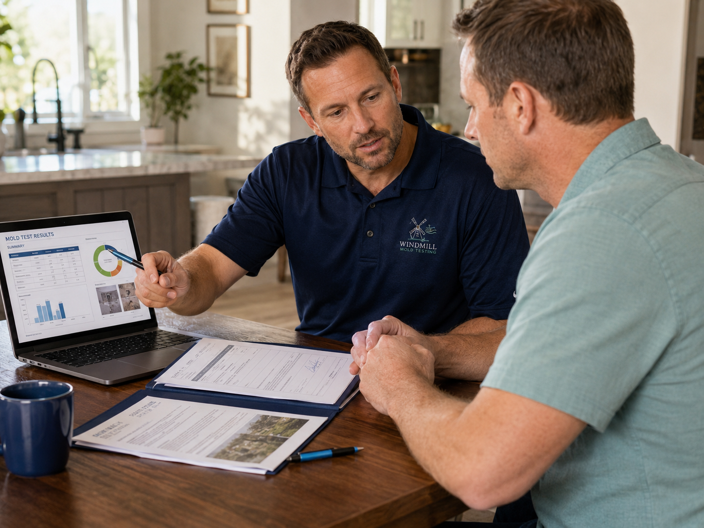 Windmill Mold Testing inspector reviewing mold test results and written reports with a client