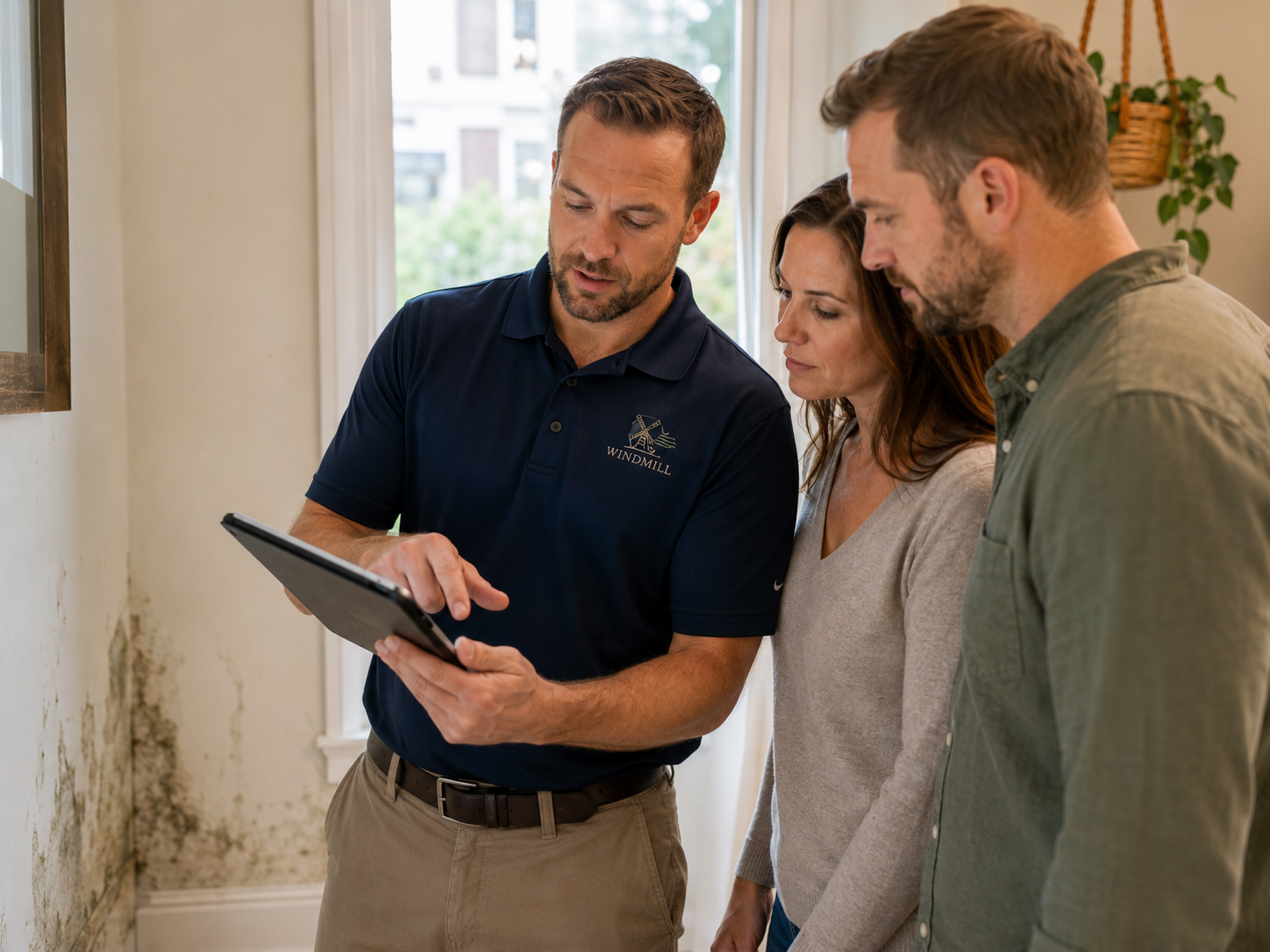 Windmill Mold Testing inspector explaining recommendations to homeowners on a tablet