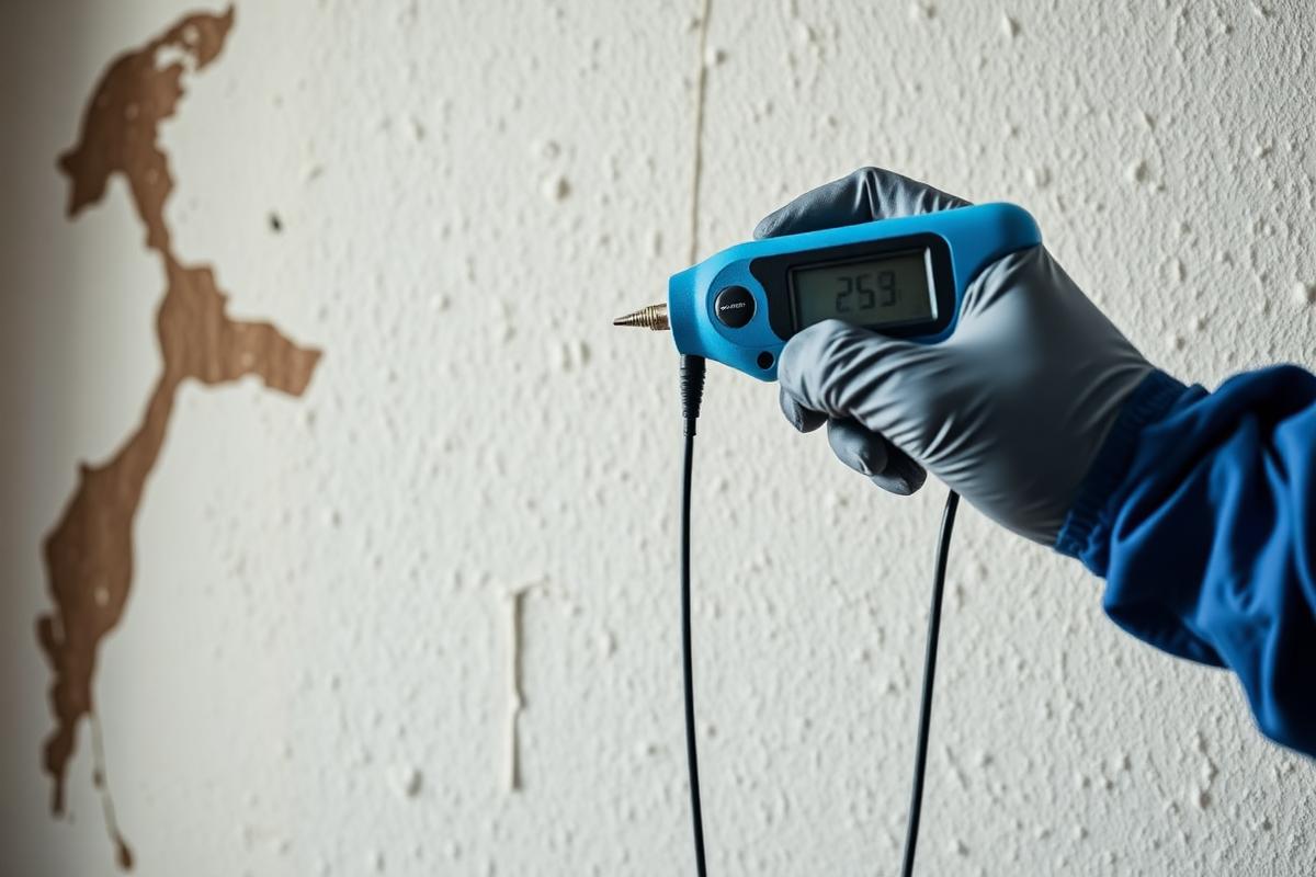 Mold inspector using a moisture meter on drywall